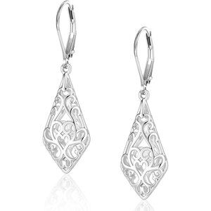 🆕Women's 14K Silver Plated 925 Sterling Filigree Dangling Lever back Earrings